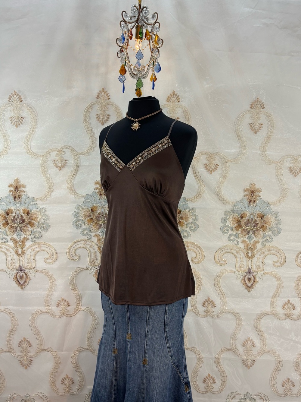 ✨Vintage Y2K Bohemian Brown Beaded Satin Tank Top✨